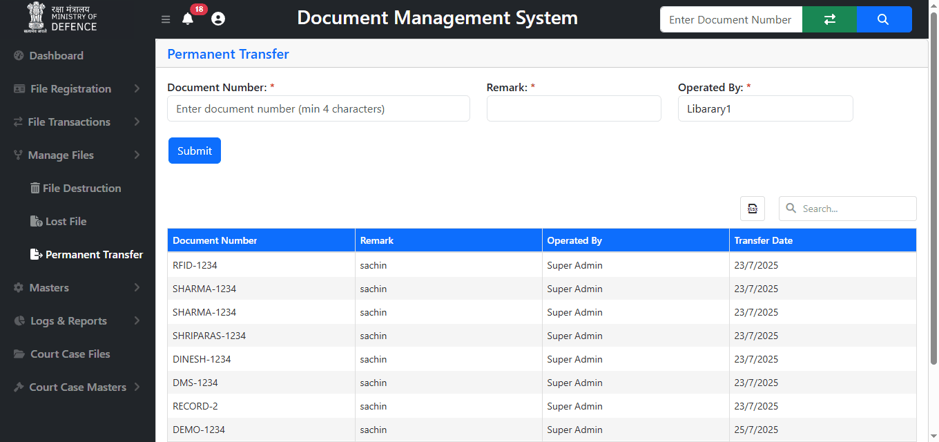 DocVoyage Permanent Transfer module with controlled document handover records