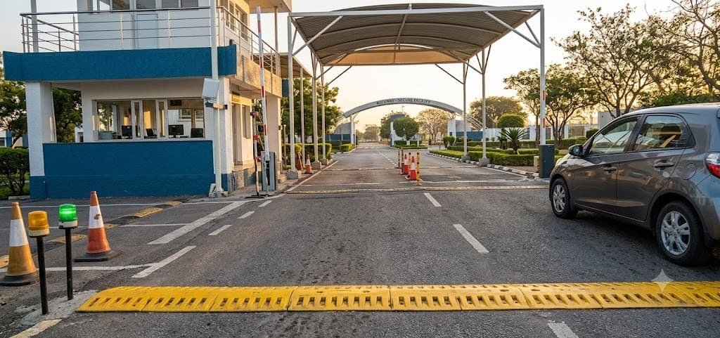 Secure entry lane with boom barrier, tyre killer, and guard post at the automated gate
